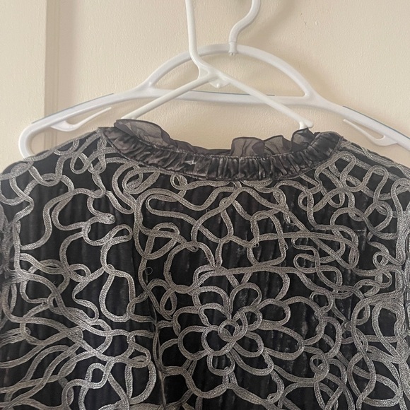 VTG CHICO Grey Metallic floral JACKET Blazer Bohemian Ruffle Artisan Sz 2 - Picture 10 of 11